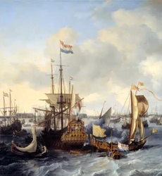 Ijからのアムステルダム港の眺め 詳細ルードルフ・バックホイゼン(1631-1708)画 1666年 日1,28×2,21メートル