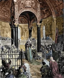 1186年、ミラノの聖アンブローズ大聖堂で行われた、ノルマンディー地方のオートヴィル公妃コンスタンスとヘンリー6世の結婚。ポリアージのイラスト