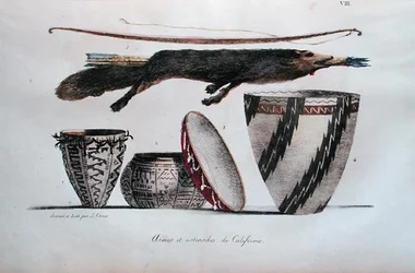 1822年に出版された「Voyage Pittoresque Autour du Monde」より、カリフォルニアの武器・道具類（カラーリトグラフ）