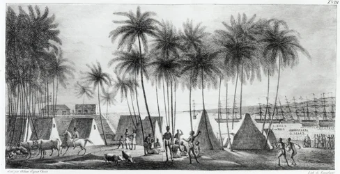 G.ラングリューム（fl.1822-40）1822によって刻まれた「世界の航海ピトレスク」からのサンドイッチ諸島のハナロウの港