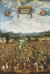 Titus Manlius Imperiosus Torquatus (4eme siecle avant JC) combat un gaulois - Manlius Torquatus Fighting a Gaul, by Refinger, Ludwig (c. 1510-1549).木に油彩。寸法：160x109cmストックホルム国立博物館