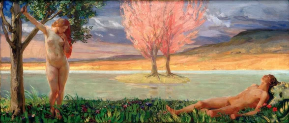 天国の風景の中のアダムとイブ