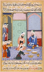 Scene de banquet du sultan ottoman Mourad III (1546-1595) (Sultan Murad III からのごちそう) - Miniature extraite de "Siyer-i Nebi" (Siyer i Nebi) (La vie de Mohamed (Mahomet) pomee eique ecrit par Mustafa , fils de Yusuf d