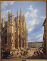 ミラノ (イタリア) の大聖堂 (ドゥオーモ)。 ルイージ・プレマッツィ (1814-1891) の絵画、キャンバスに油彩