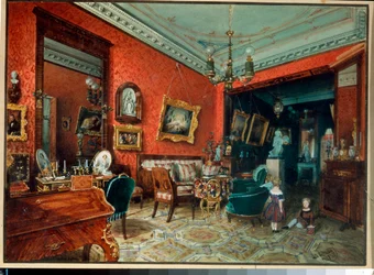 ""The living room"" (Salle de sejour) 居間で遊ぶ 2 人の子供 - ルイジ プレマッツィ (1814-1891) による水彩画、1840 年頃 個人蔵