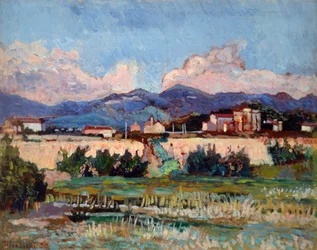 ウルヴィ・リエギ（1858-1939）作「アルデンツァの家々と庭園」油彩・板、27x34cm