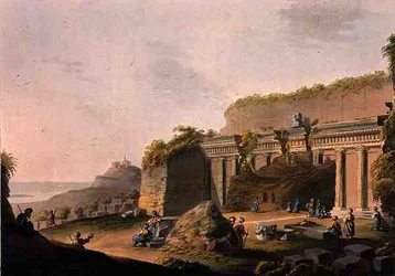 ロバート・ボウヤー（1758-1834）が出版した『オスマン帝国の景観』から、ロードス島のリンド近郊の岩に切られた石窟、1803年（カラー・アクアチント）。