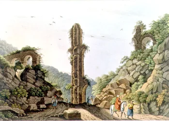 サモス島の古代水道橋、R.Bowyerが出版した「Views in the Ottoman Dominions」のプレート61。