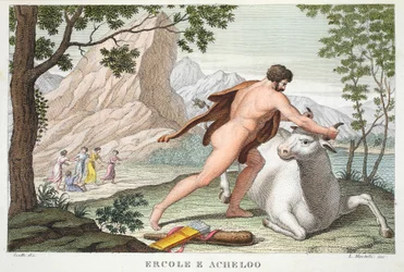 Hercules and Achelous or Ercole e Acheloo、Book IX、illustration from Ovid&39;s Metamorphoses、Florence、1832（hand-coloured engraving）