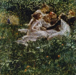 春のアレゴリー、ルイージ・コンコーニ作（1852-1917）、キャンバスに油彩、77x77 cm
