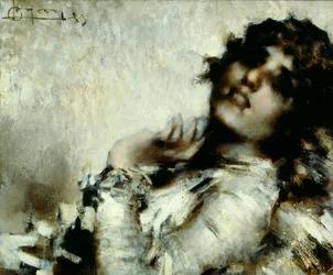 女性の肖像、ルイージ・コンコーニ作（1852-1917）、キャンバスに油彩、50x60 cm