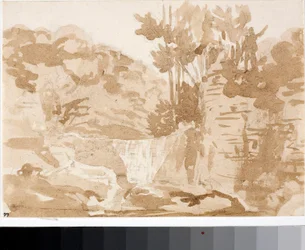 トスカーナ、セッティニャーノの滝のある風景（水彩画、1820年頃