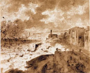 1821年の大潮の時のジェノバの海辺（水彩画、1821年頃