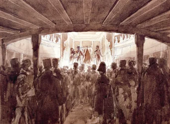 ジェノヴァのサンタゴスティーノ劇場のインテリア、ルイージ・ガリッボ作（1782-1869）、水彩画、イタリア