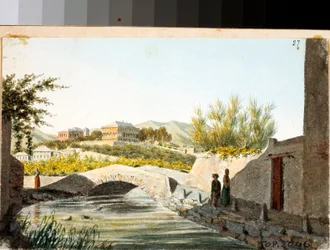 ジェノバ、アルバロ地区のサルッツォ・ボンブリーニ邸の眺め（ドローイングと水彩画、1825年頃