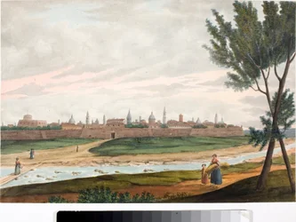 トスカーナのルッカと思われる城壁都市の眺め（インクと水彩画、1820年頃