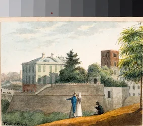 ジェノバの城壁とサント・ステファノの鐘楼の眺め（水彩画、1825年頃