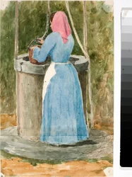 井戸から水を汲む民衆の女（水彩画