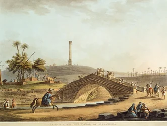 エジプト、アレキサンドリア運河にかかる橋、ルイジ・メイヤー作、エングレービング
