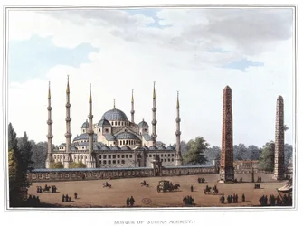 イスタンブールのスルタン・アーメド（1609-1616）のモスク。ロンドンのルイジ・マイヤーが撮影した原画をもとにした「Views in the Ottoman Dominions, in Europe, in Asia, and some of the Mediterranean islands」に収録されている。