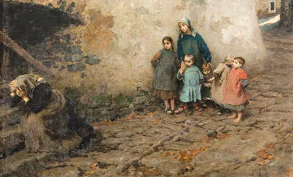 痛みの学校 泣く母を見る子供たち ルイジ・ロッシ（1853-1923）作 1895年 個人蔵