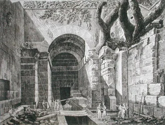 アルバーノ湖畔のカステル・ガンドルフォのローマ時代の遺跡、1824-26年に出版された「Le Antichita dei Contorni di Roma」より（銅版画）