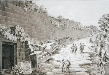 1825年に最初の発掘が行われたトゥスクロへのローマ道（1824-26年に出版された「Le Antichita dei contorni di Roma」より）（銅版画