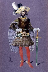 青いあごひげ。ルイジ・サペッリ・カランバ（1865-1936）が1910年にオペラ「アリアーヌ」のために描いたものと、ポール・デュカスの「青いあごひげ」。