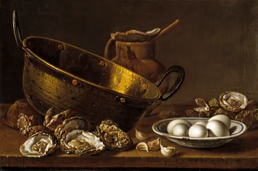 牡蠣、ニンニク、卵のある静物 par Melendez, Luis Egidio (1716-1780)