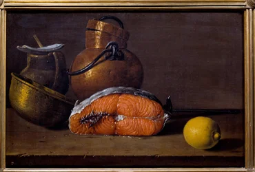 サーモンの切り身、レモン、調理器具。ルイス・メレンデス（1716～1780）の絵画、スペイン派