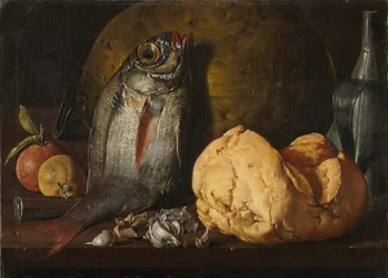 魚、パン、やかんのある静物