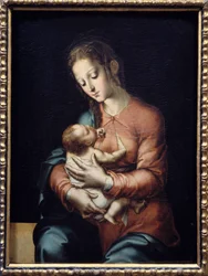 聖母子、ルイス・デ・モラレス（1500-1586年）による絵画、16世紀、0.84 x 0.64 m、マドリード、プラド美術館