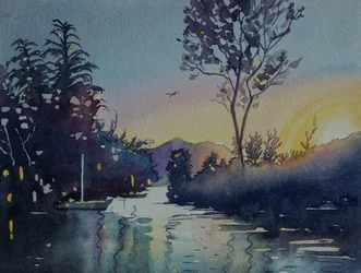静かな川の夕日