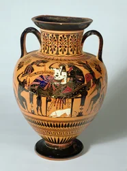 ディオニュソスとアリアドネの宴会を描いた黒像式のアンフォラ、ギリシャ、紀元前530〜520年（粘土）