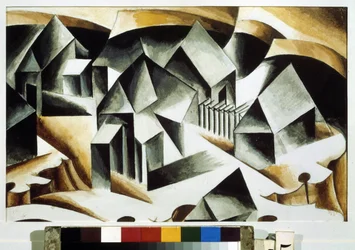 ビルスク（ロシア）。 Lyubov (Lioubov) Sergeyevna Popova (1889-1924) による絵画、キャンバスに油彩