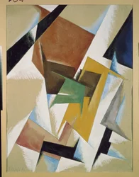 構成。 Lyubov (Lioubov) Sergeyevna Popova (1889-1924) の作品、紙にグワッシュ