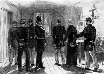 ジュール・フェリーが1880年3月に出した、無認可の宗教集会のメンバーを教える権利を排除する命令を受けて、パリのセーブル通りにいたイエズス会の人々が国外に追放される：独房にいるイエズス会の父親が逮捕される。1880年6月30日。エン
