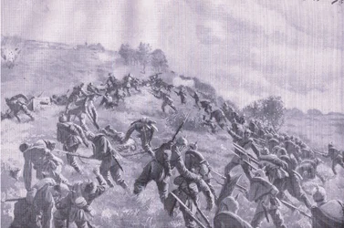 ザウレの奪還。稜線への突入（『イラストレイテッド・ヒストリー・オブ・ザ・ワールド・ウォー 1914-1915』（ユニオン・ベルラグゼフェルフシャフト刊）より