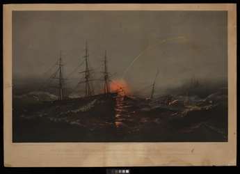 輸送船ガバナーから米海兵隊大隊を救出する米フリゲート艦サビーン。1861年11月2日、サウスカロライナ沖にて（リトグラフ、カラー）