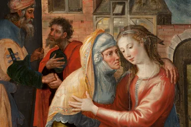 マギの礼拝」トリプティク、左パネル。聖母の生涯、詳細、木の上の絵画