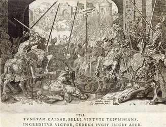 1535年のチュニスの征服、「チャールズ5世皇帝の軍事功績」のプレート7、Dirk Volkertsz Coornhert（1522-90）、1555（彫刻とエッチング）によって彫刻