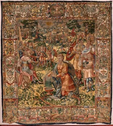 教区博物館 (Museo Diocesano)。 フランダースのタペストリー。 ブリュッセル。 フランソワ・ジュベルのアトリエ。 シリーズ ストーリー オブ ギデオン。 ウールのフリース (Prueba del vellón de lana) の奇跡。 シルクとウール。 ビセンテ ロカ デ ラ セルナ司教の遺贈。 バロック。 1534-1571、私