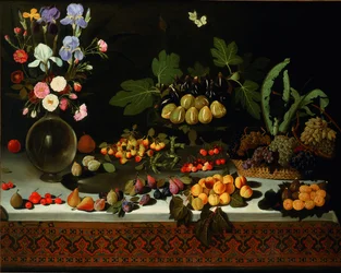 テーブルの上の花と果物、約。 1600年。