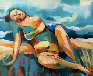 「日光浴をする女性」の抽象画
