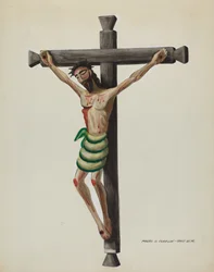 黒い木彫の十字架に彫られて描かれた「クリスト」、1937年頃。