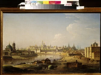 クレムリンとモスクワの孤児院の眺め。 Maxim (Maksim) Nikiphorovich Vorobyev (Vorobiev) (1787-1855) の絵画、キャンバスに油彩