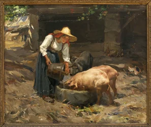 豚の食事。 マヌエル・エンリケ・ピント（1853-1912）による絵画、木に油彩