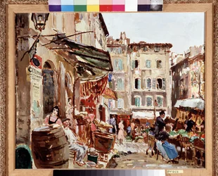 マルセイユのレンシェ広場の市場 マルセル・レプリン (1891-1933) の絵画 薄さ 50x61 cm 必須の言及: プロヴァンス、マルセイユのコレクション財団について