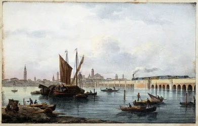 Marco Moro ed. Gio Brize-Ghelが描いた "Album of the Main View of Venice "の中のラグーンにかかる橋。Gio Brise-Ghel n.d. 1840年。