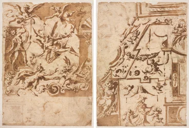 ドラゴンに餌をやるサテュロスのグロテスク (直訳)。 飛び跳ねるケンタウロスのグロテスク（裏面）